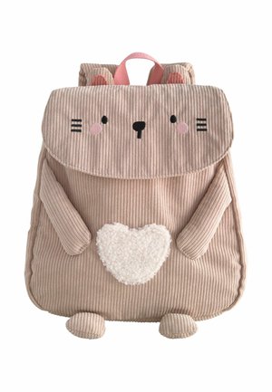 Rucsac mic bej din catifea côtelată, în formă de pisică, cu față brodată, urechi roz, brațe captușite și o inimă albă în față.