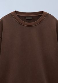 Bruine sweatshirt met een ronde halslijn. De stof lijkt zacht met een gladde textuur en ribbeldetails rond de kraag.