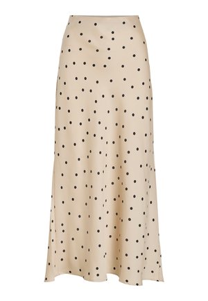 Gonna midi beige realizzata in tessuto morbido, caratterizzata da un motivo a pois neri su tutta la superficie, con una silhouette leggermente svasata e un dettaglio con spacco.