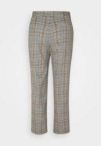 Bruna och grå rutiga byxor med skräddarsydd passform, med hög midja, sidofickor och en slät textur.