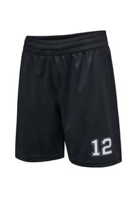 Svarta sportshorts med elastisk midja, slät yta och en vit siffra "12" tryckt på vänster ben.