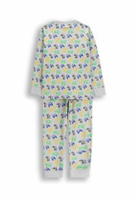 Bawełniany zestaw piżamowy z szarym tłem i kolorowymi wzorami samochodów i ciężarówek. Długie rękawy i spodnie z elastycznymi mankietami.