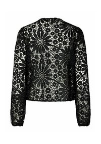 Svart kort jakke i blonder med lange ermer og blomsterdesign. Designet fremhever intrikate mønstre og teksturert stoff.