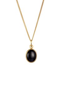 Goldkette mit einem glatten, ovalen schwarzen Steinanhänger, sicher in Gold gefasst, zeichnet sich durch eine glänzende Oberfläche und ein elegantes Design aus.