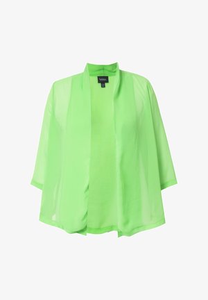 Kimono leggero e trasparente di colore verde neon con maniche ampie e davanti aperto. La texture liscia e il design fluido ne amplificano la versatilità.