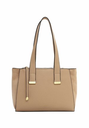 Tan leather tote bag with dual handles, gold accents, and a smooth texture. Features a zipper closure and a contrasting darker edge.