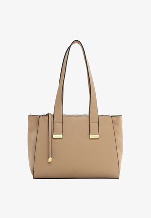 Borsa tote in pelle beige con doppio manico, dettagli in oro e una superficie liscia. Presenta una chiusura con zip e un bordo di colore scuro a contrasto.