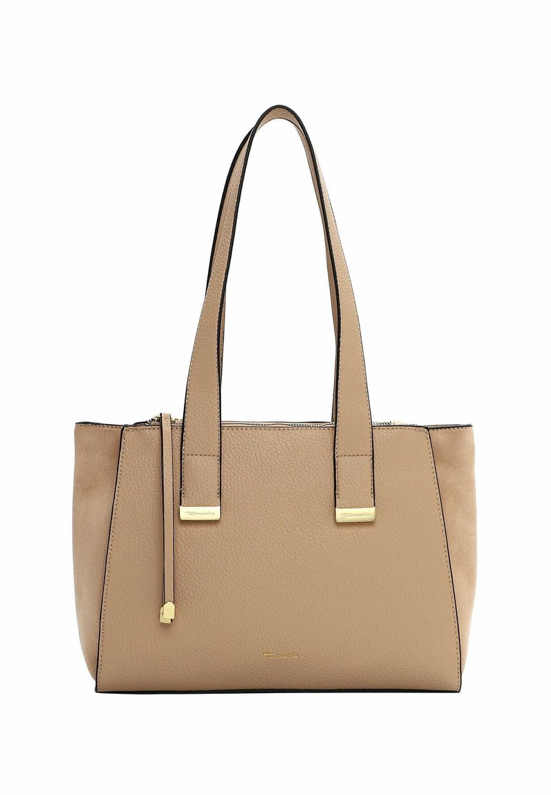 Tan leren tote bag met dubbele handvatten, gouden accenten en een gladde textuur. Bevat een ritssluiting en een contrasterende donkerdere rand.