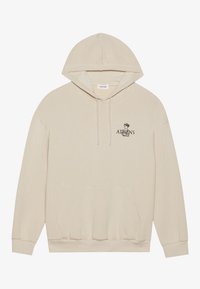 Beige hoodie with a front pocket, drawstring hood, and printed "ATHENS" design on the left chest area. Smooth texture and relaxed fit.