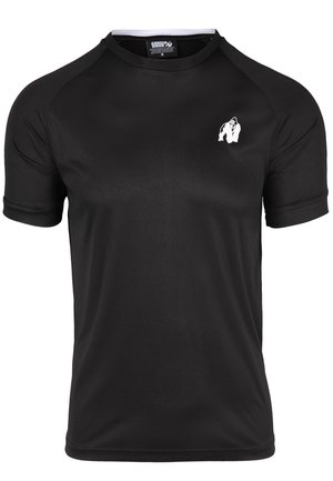 Black short-sleeve athletic shirt made of moisture-wicking fabric. Features a white gorilla logo on the left chest and a contrasting collar.