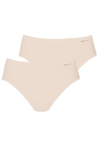 Beige puuvillased hipster-aluspesu siledas tekstuuris, millel on kõrge piha disain ja küljele trükitud "mey ORGANIC" logo. Kunstlikult 2 tükki.