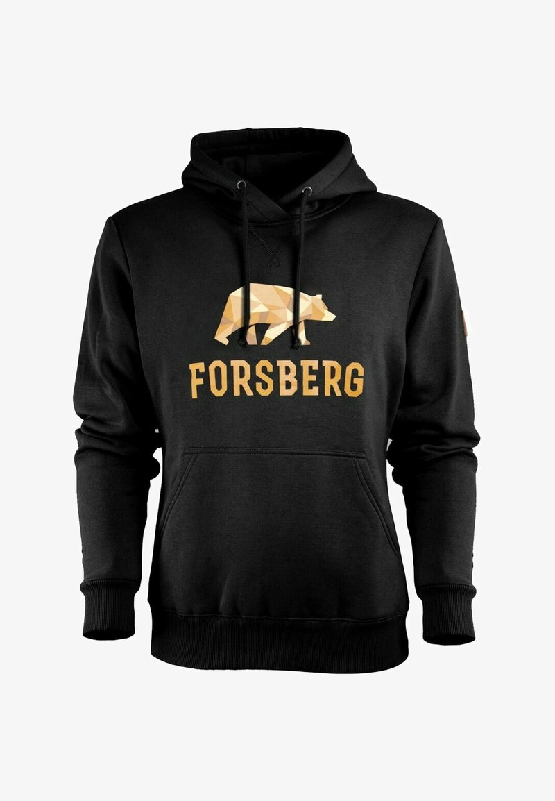 Schwarzer Kapuzenpullover mit Kordelzug, mit einem geometrischen Bärenmotiv in Beige und Orange; "FORSBERG" in fetten, goldenen Buchstaben aufgedruckt.