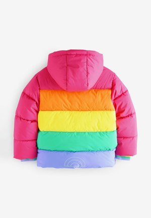 Gevoerde jas met een regenboogontwerp met horizontale strepen in roze, oranje, geel, groen en paars. Inclusief een capuchon en geribbelde manchetten.