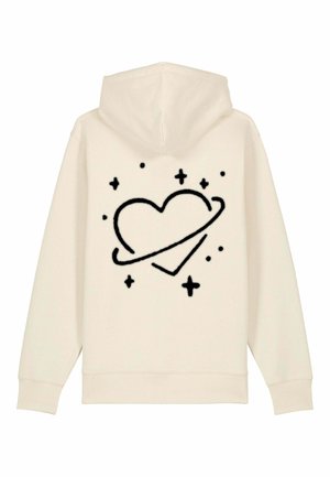 Hoodie couleur crème avec un graphisme noir représentant un cœur encerclé d'un anneau et de petites étoiles au dos. Texture en molleton et capuche avec cordon.