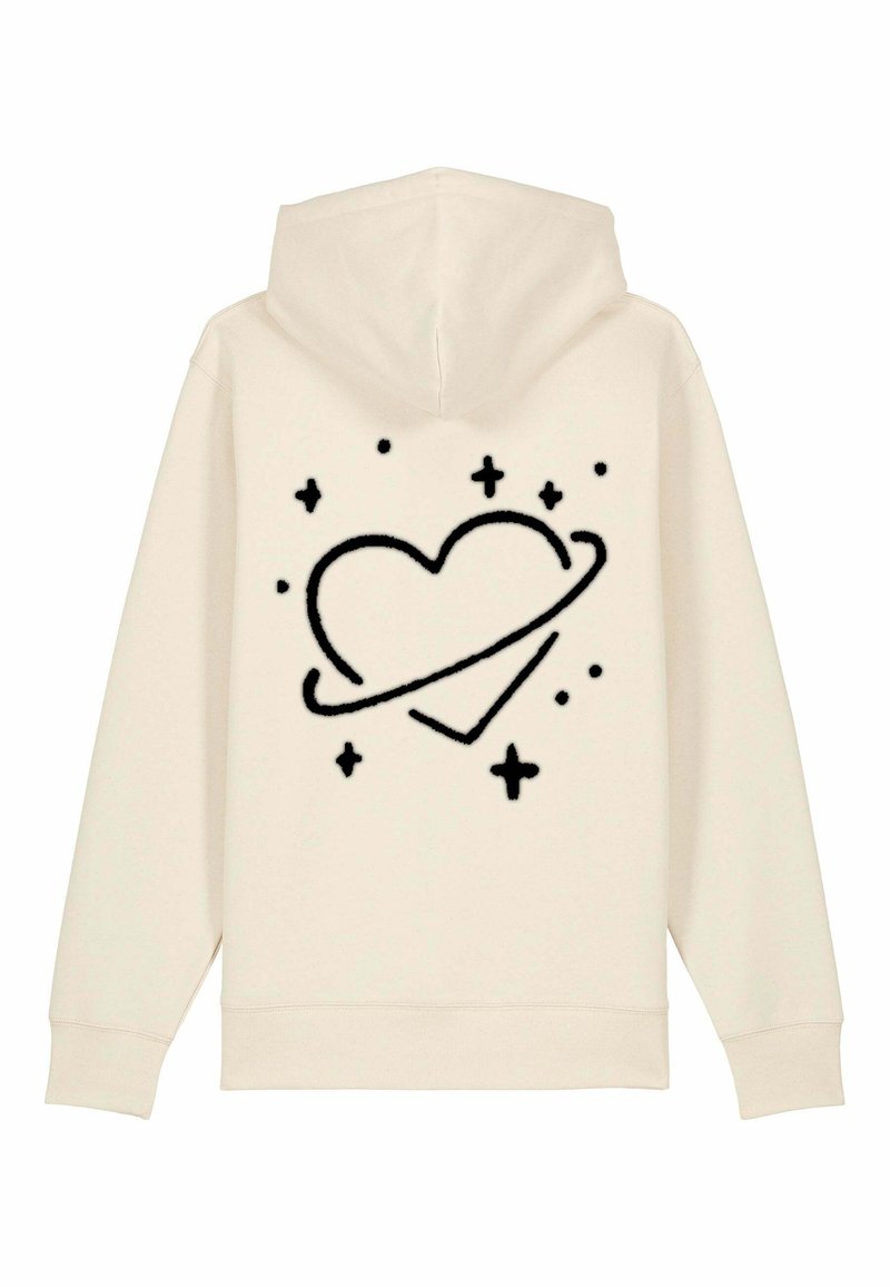 Felpa color crema con un grafico nero di un cuore circondato da un anello e piccole stelle sul retro. Tessuto in pile e cappuccio con cordini.