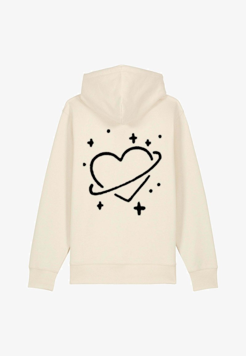 Felpa color crema con un grafico nero di un cuore circondato da un anello e piccole stelle sul retro. Tessuto in pile e cappuccio con cordini.