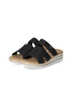 Black slide sandals featuring two wide straps, open toe design, and a cushioned tan footbed with a white and gray striped sole.