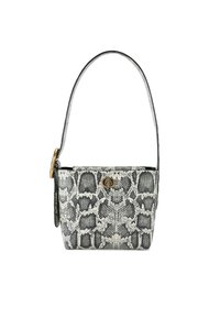Piccola borsa a mano in stampa serpente bianca e nera. Materiale morbido al tatto, forma strutturata, manico singolo e dettaglio in hardware color oro.