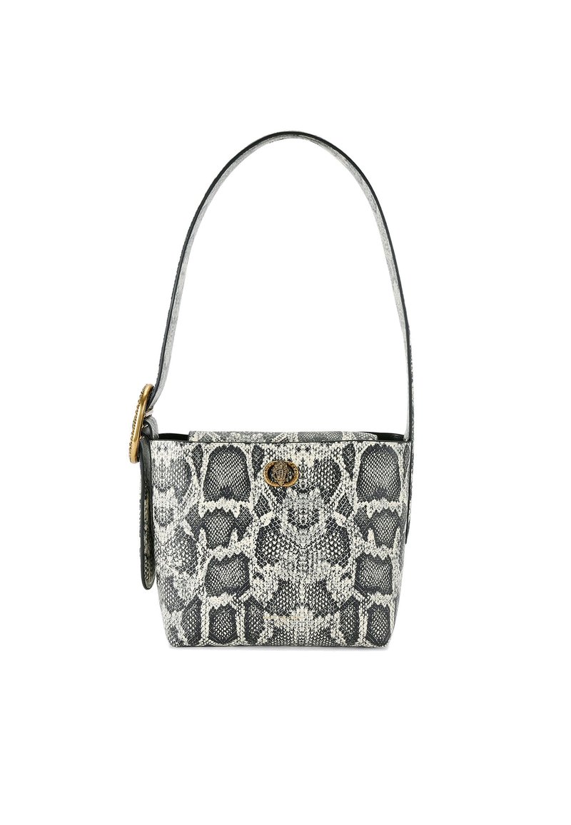 Piccola borsa a mano in stampa serpente bianca e nera. Materiale morbido al tatto, forma strutturata, manico singolo e dettaglio in hardware color oro.