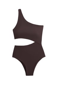 Enodelne temno rjave kopalke z razrezom na sredini telesa in visokimi izrezi za noge.