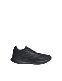 Baskets de sport noires avec une tige en maille, finition texturée, accents à trois bandes et semelle rembourrée. Design léger et flexible.