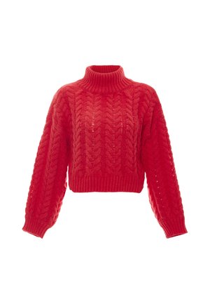 Rød chunky strikket kort bluse med kabelmønstre, lange puffede ærmer og en ribstrikket rullekrave.