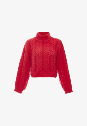 Rød chunky strikket kort bluse med kabelmønstre, lange puffede ærmer og en ribstrikket rullekrave.