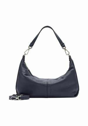 Borsa a spalla in pelle blu navy con tracolla removibile, accessori in argento e dettagli di cucitura minimalisti.