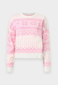 White knit sweater with pink geometric and snowflake patterns, long sleeves, and ribbed cuffs and hem.