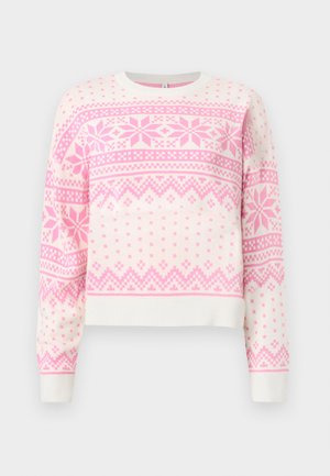 White knit sweater with pink geometric and snowflake patterns, long sleeves, and ribbed cuffs and hem.