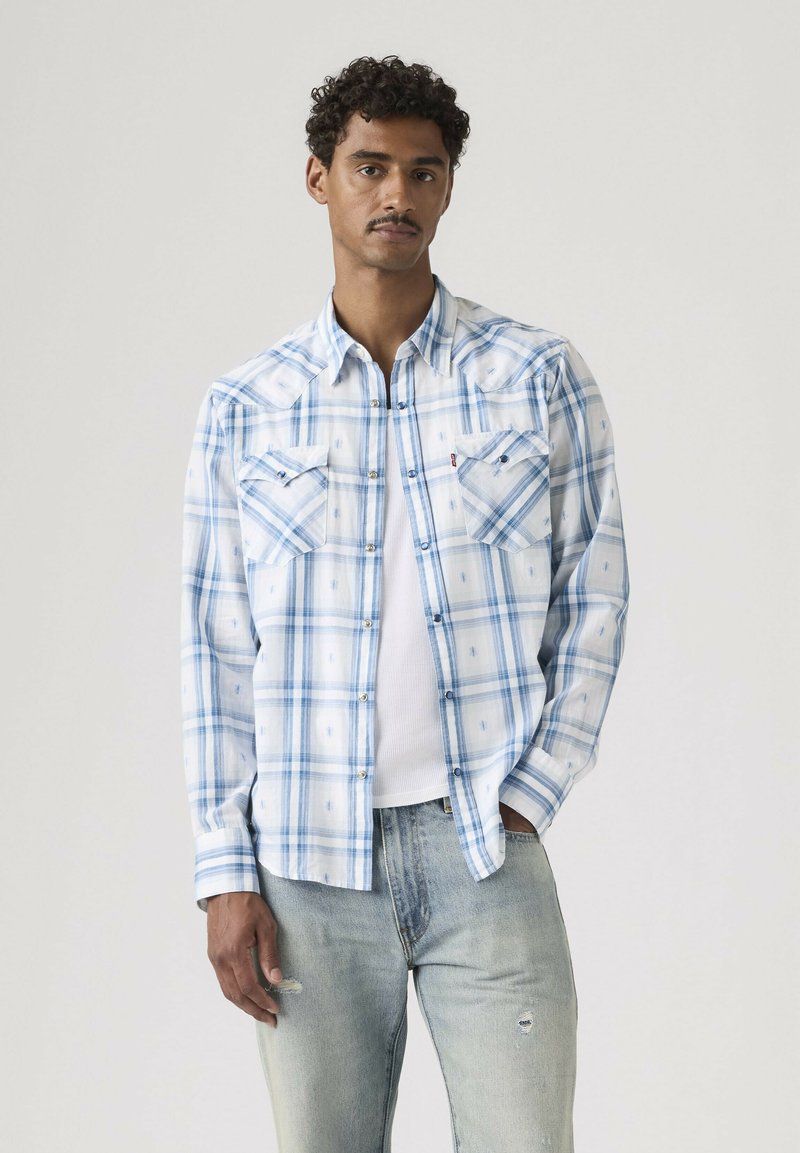 Mand iført lyseblå og hvide ternet skjorte over hvid t-shirt med lyseblå, falmede jeans, stående med den ene hånd i lommen.