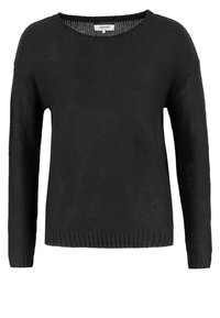 Černý pletený svetr s dlouhými rukávy, širokým výstřihem, žebrovaným lemem a texturovaným povrchem. Lehká látka pro pohodlné nošení.