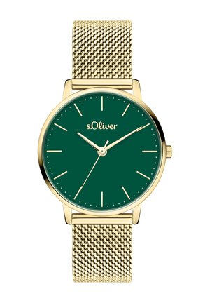 Goudkleurig horloge met een groene ronde wijzerplaat, eenvoudige uurmarkeringen en een logo. Heeft gouden accenten en een slank design.