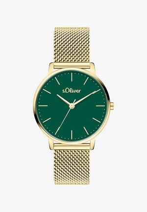 Orologio con cinturino in maglia dorata e quadrante tondo verde, con indicatori delle ore semplici e logo. Presenta dettagli dorati e design sottile.