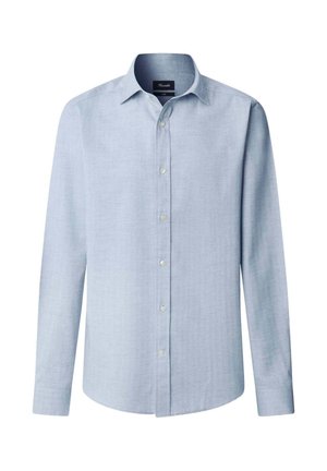 Camisa de manga larga azul claro con cuello clásico, cierre frontal con botones y textura tejida. Presenta un acabado suave y corte regular.