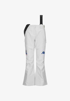 Pantaloni da sci bianchi con gambe a campana, bretelle nere regolabili, tasca sinistra e logo Kappa blu. Realizzati in materiale resistente alla neve.