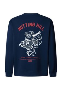 Tmavě modrá mikina s potiskem psa držícího vlajku, s červeným nápisem "NOTTING HILL" a "PEPE JEANS LONDON". Měkký materiál, standardní střih.