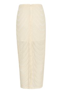 Beige midi skjørt med en tettsittende fasong, med bølgete teksturdetaljer og glidelås bak. Laget av et glatt, lett materiale.