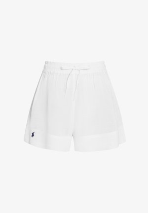 Hvite shorts med elastisk midje, snor og lite mørkt logo brodert på venstre nedre ben.