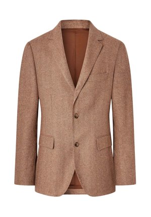 Blazer a spina di pesce marrone realizzato in tessuto testurizzato, con chiusura a due bottoni, rever a scollo a V e due tasche frontali con una tasca sul petto.