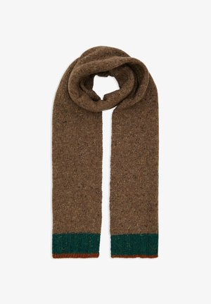 Sciarpa marrone lavorata a maglia con finitura a trama, caratterizzata da un bordo a coste verde e ruggine su entrambe le estremità.