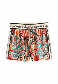 Pánske plavkové šortky s potlačou tropických listov a lampášov v oranžovej, tyrkysovej a čiernej farbe, so elastickým pásom a šnúrkou s francúzskym nápisom na lemovaní.