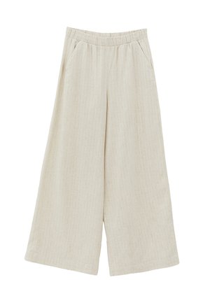 Pantalon beige à jambes larges avec taille élastique, poches latérales et texture subtile à rayures verticales, présenté à plat sur fond blanc.