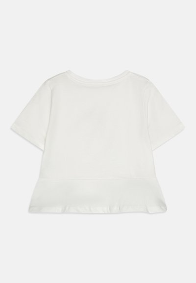 T-shirt blanc à manches courtes avec un col rond et un ourlet légèrement évasé. En coton doux avec une texture lisse.