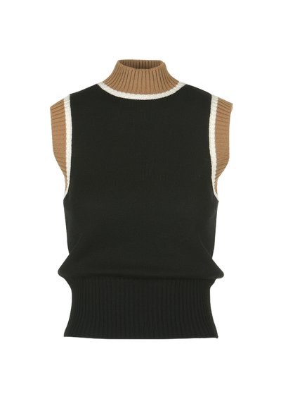 Bežė spalvos ir baltos dryžuotos detalės pečiuose ir raštuotas apatinis kraštas, aukštos apykaklės megztinis be rankovių, juodos spalvos.