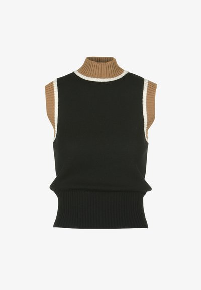 Bežė spalvos ir baltos dryžuotos detalės pečiuose ir raštuotas apatinis kraštas, aukštos apykaklės megztinis be rankovių, juodos spalvos.