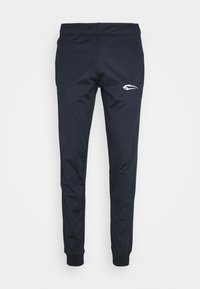 Marineblaue Sport-Jogginghosen mit elastischem Bund, schmal zulaufenden Beinen, gerippten Knöchelbündchen und einem weißen Logo am rechten Oberschenkel.