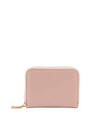 Light pink leather wallet with gold zipper and embossed brand name Seidenfelt on front center.