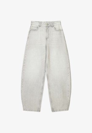 Hellgraue weite Jeans aus Denim mit einem verwaschenen Finish. Mit Front- und Gesäßtaschen, einem Knopfverschluss und Gürtelschlaufen.
