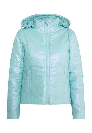 Giacca imbottita azzurro chiaro con zip e cappuccio, caratterizzata da motivi di cuciture diagonali, due tasche laterali e una finitura lucida simile alla seta.